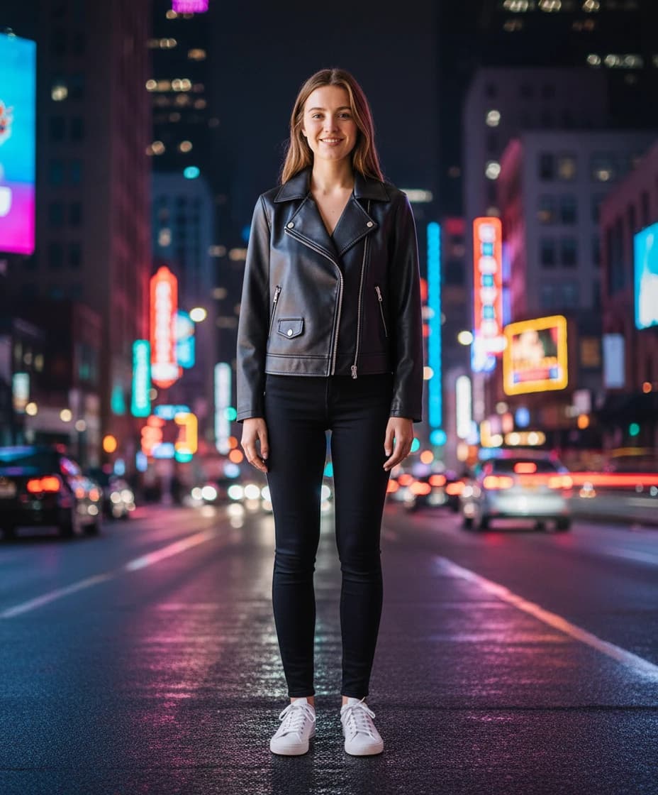 The same look, on a city street at night.